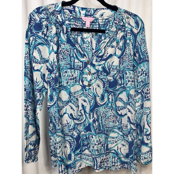 Lilly Pulitzer 100% Silk Elsa Top Blue/White Boho Resort Palm Beach SM - Picture 1 of 7